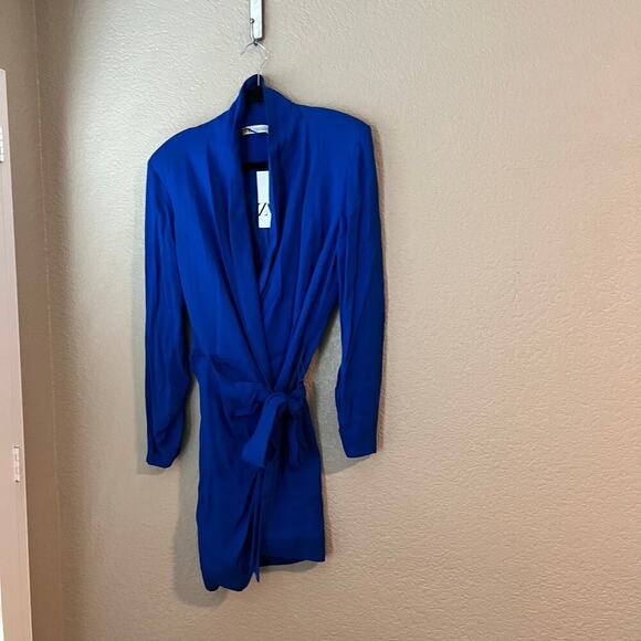 New Zara Blazer Wrap Shirt Dress Ruched Royal Blue Long Sleeve XL NWT - Picture 4 of 10